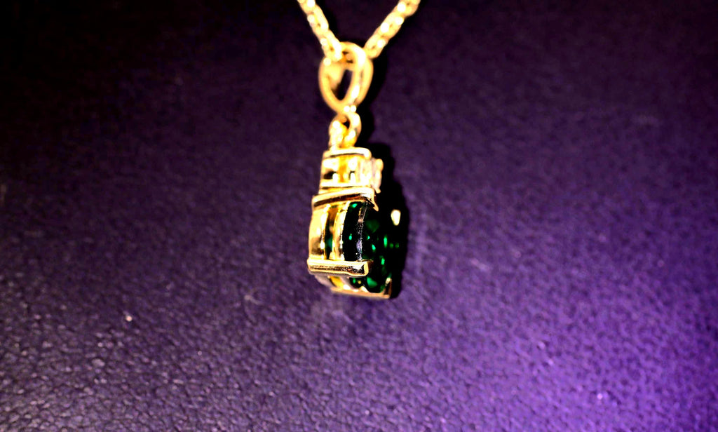 Lab Created Emerald & Natural Diamond Pendant, 14K Gold with Cable Chain
