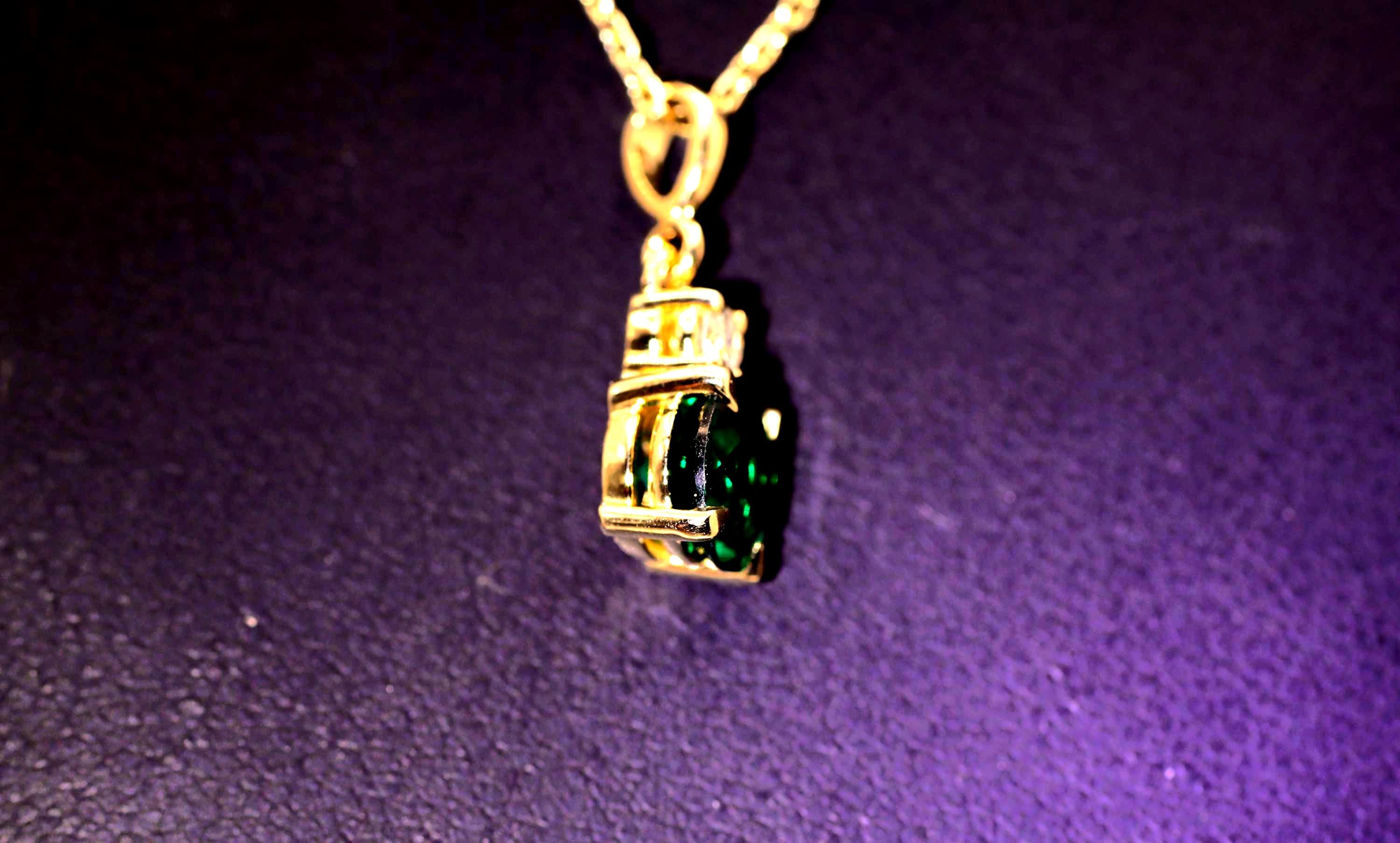 Lab Created Emerald & Natural Diamond Pendant, 14K Gold with Cable Chain