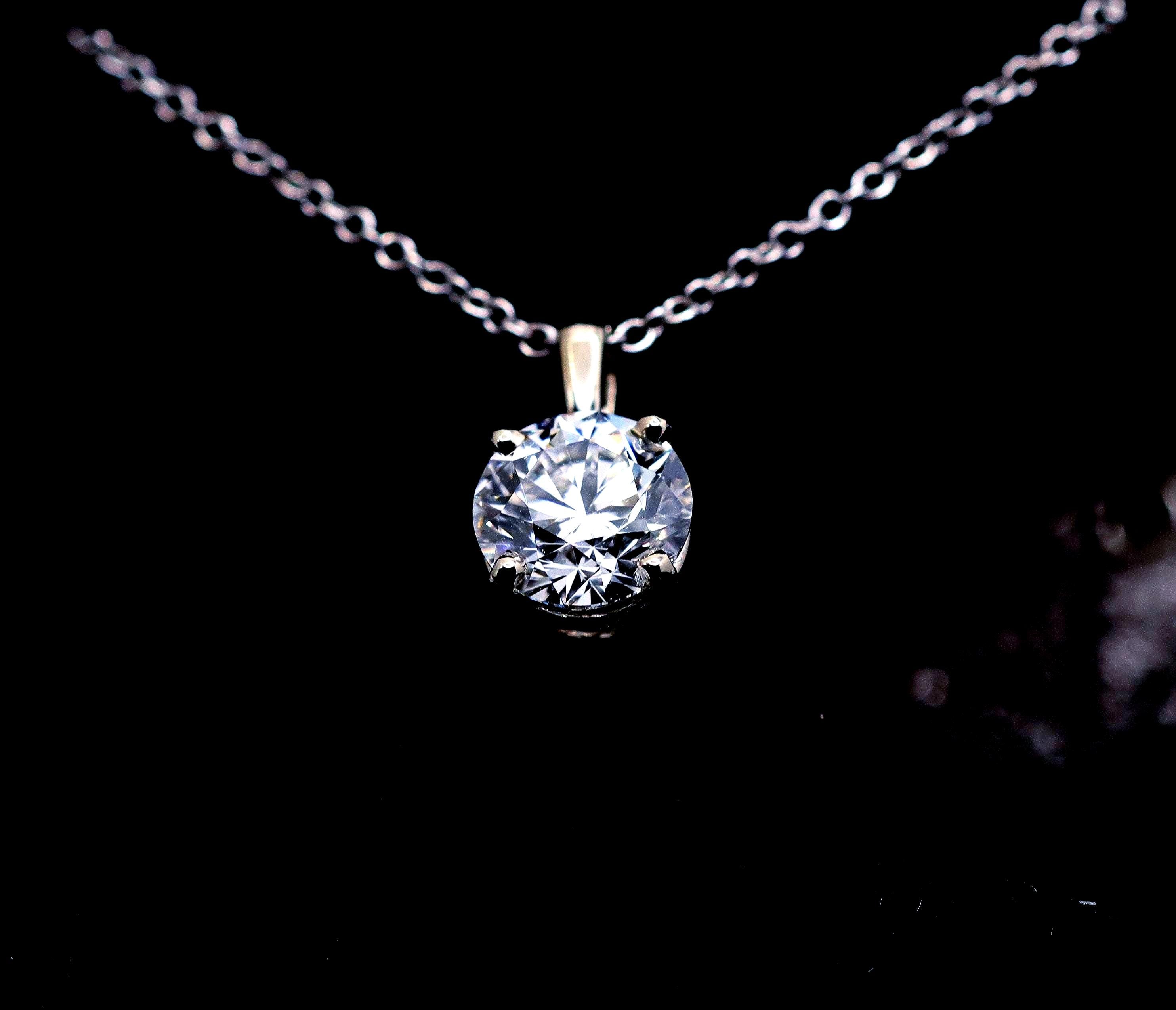 1ct Lab Diamond Solitaire Necklace, 14K White Gold Cable Chain
