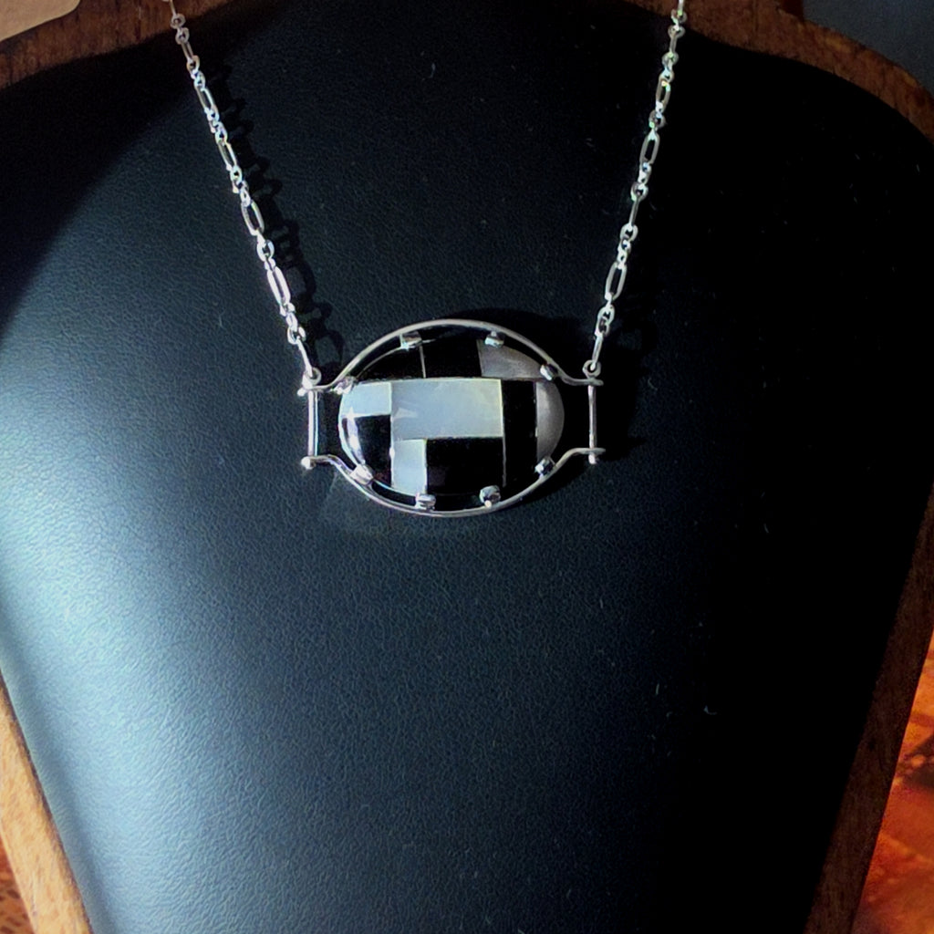 Silver Oval Necklace with Geometric Onyx Inlay
