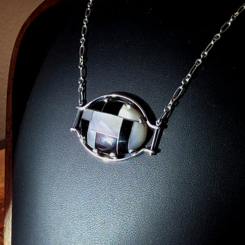 Silver Oval Necklace with Geometric Onyx Inlay