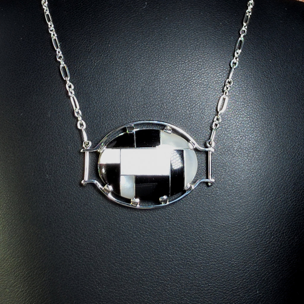 Silver Oval Necklace with Geometric Onyx Inlay