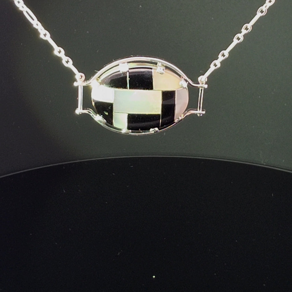 Silver Oval Necklace with Geometric Onyx Inlay