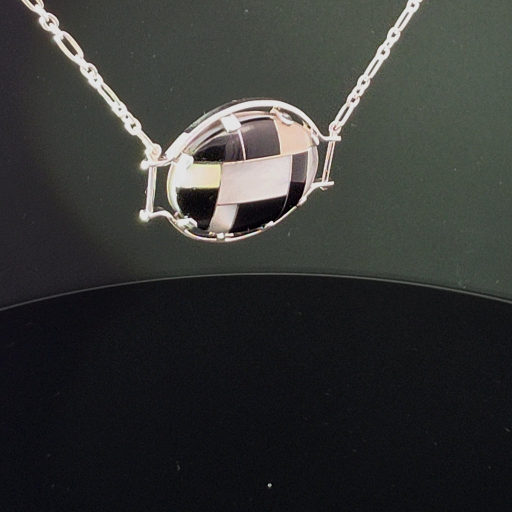 Silver Oval Necklace with Geometric Onyx Inlay