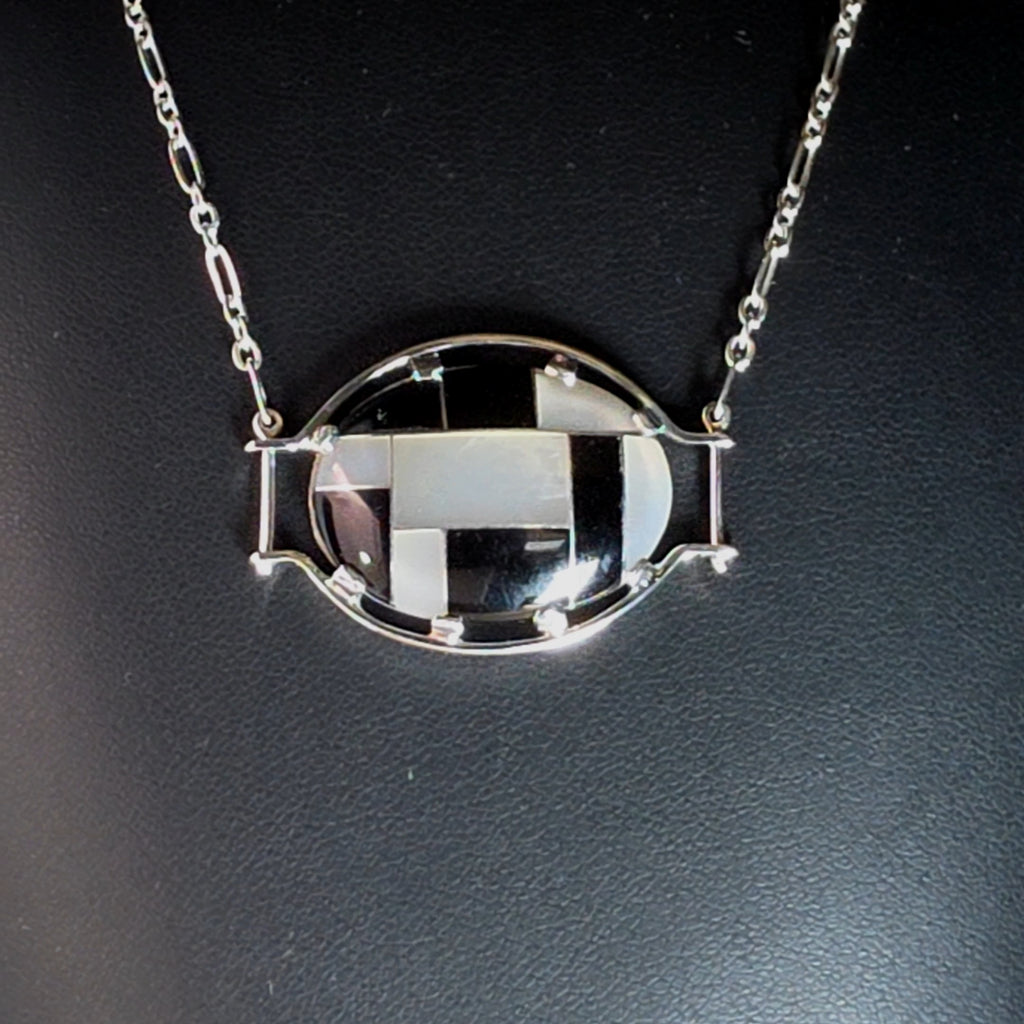 Silver Oval Necklace with Geometric Onyx Inlay