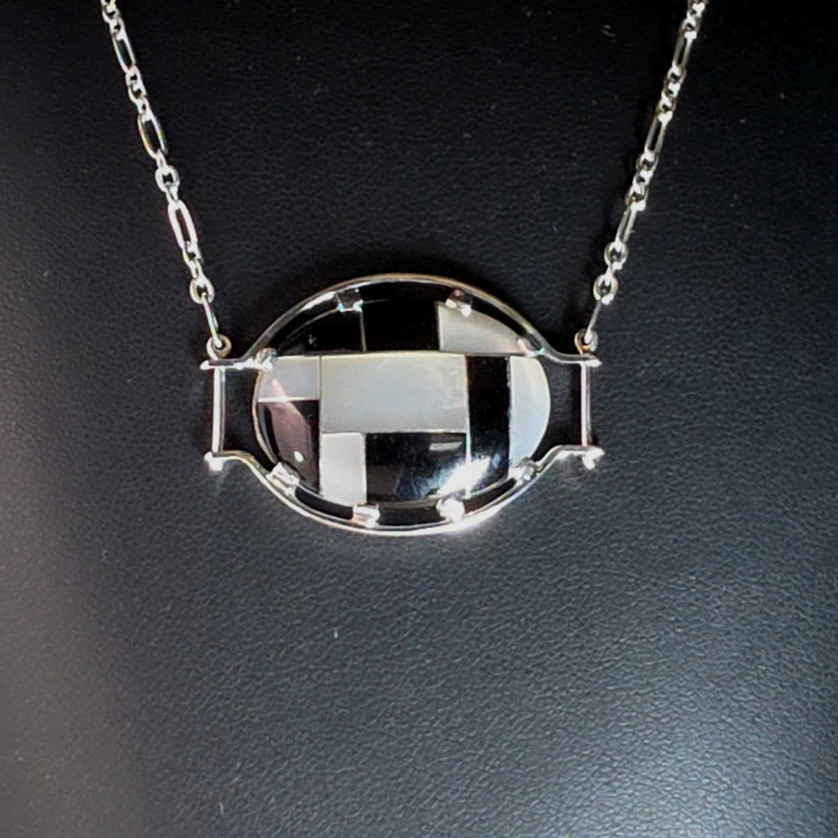 Silver Oval Necklace with Geometric Onyx Inlay