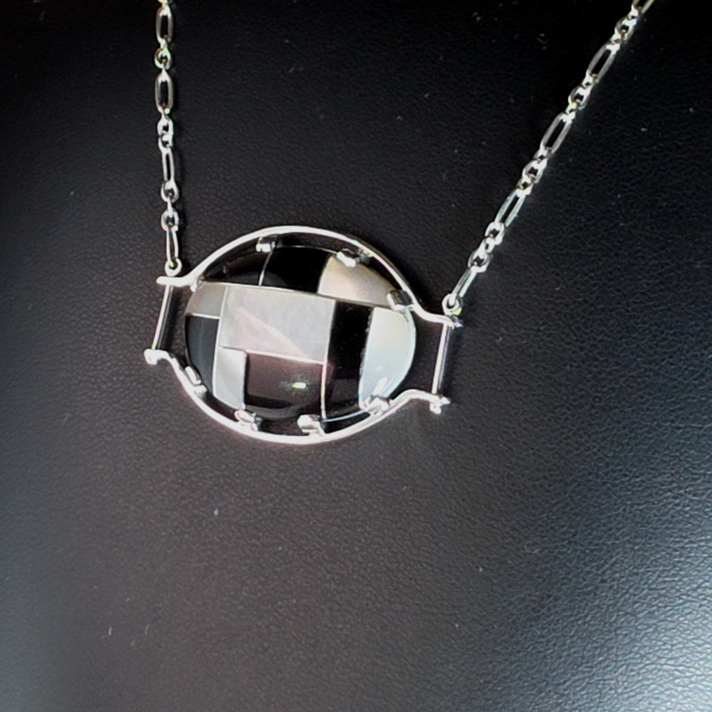 Silver Oval Necklace with Geometric Onyx Inlay