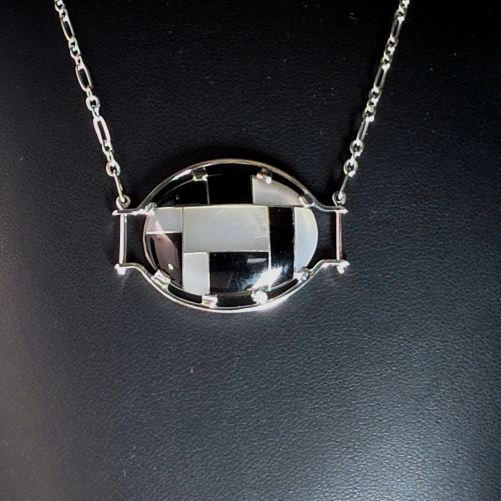 Silver Oval Necklace with Geometric Onyx Inlay