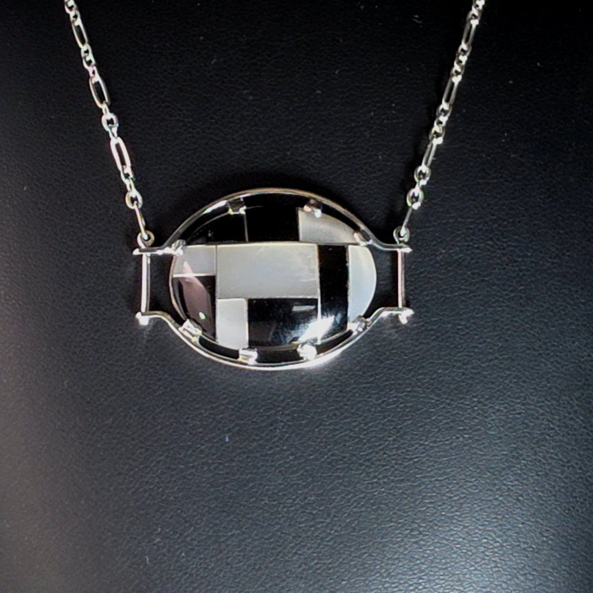 Silver Oval Necklace with Geometric Onyx Inlay