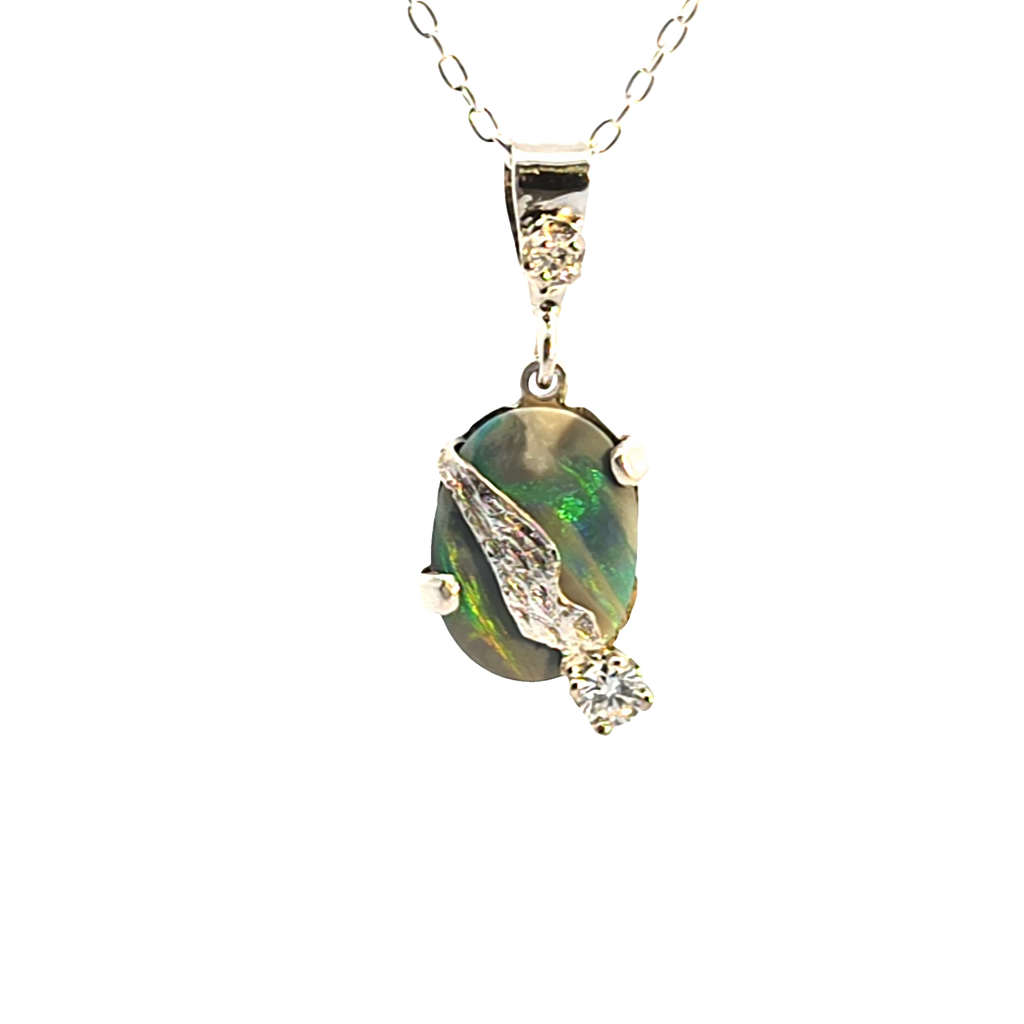 Sterling Silver Opal Pendant Necklace with Textured Overlay