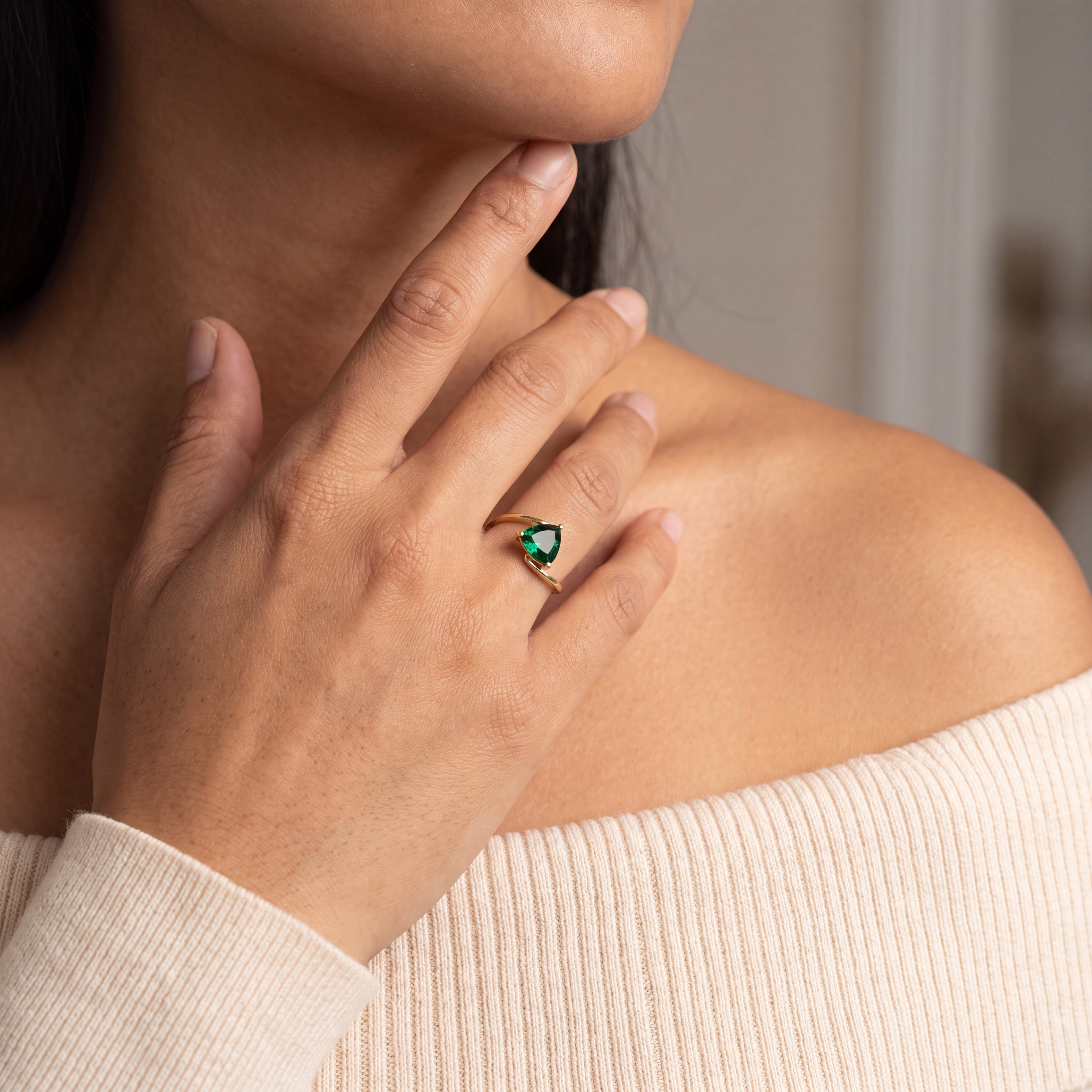 Trillion-Cut Emerald Bypass Solitaire Ring in 10K Yellow Gold