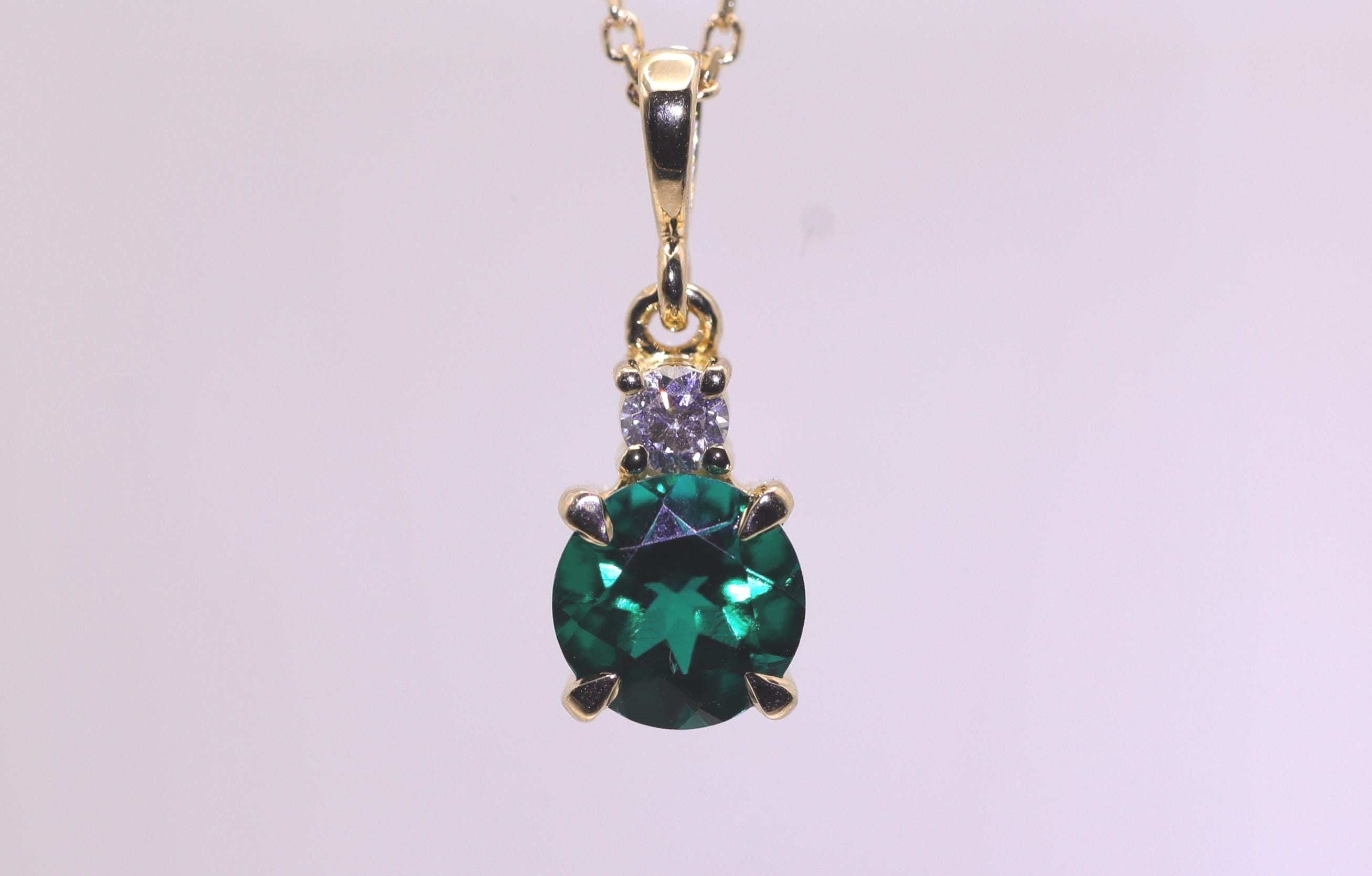 Lab Created Emerald & Natural Diamond Pendant, 14K Gold with Cable Chain