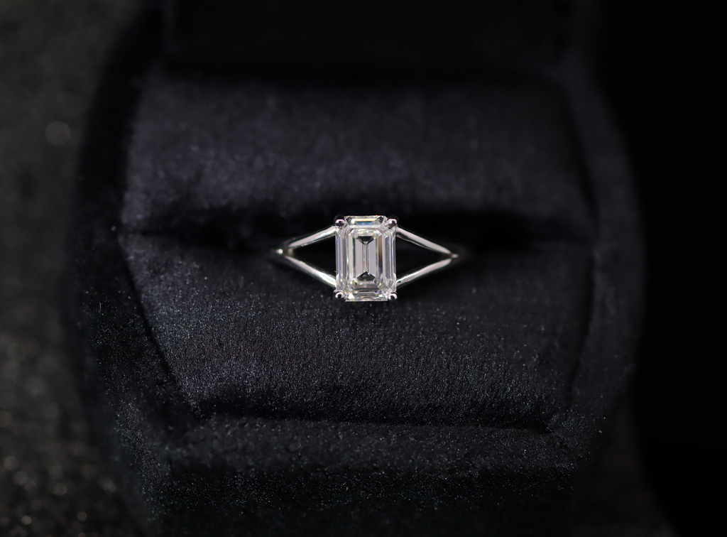 Emerald-Cut Diamond Split Shank Solitaire Ring in White Gold
