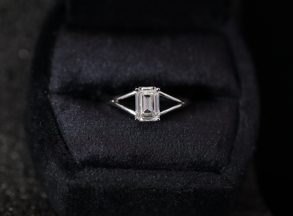 Emerald-Cut Diamond Split Shank Solitaire Ring in White Gold