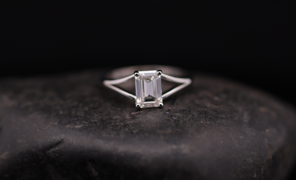Emerald-Cut Diamond Split Shank Solitaire Ring in White Gold