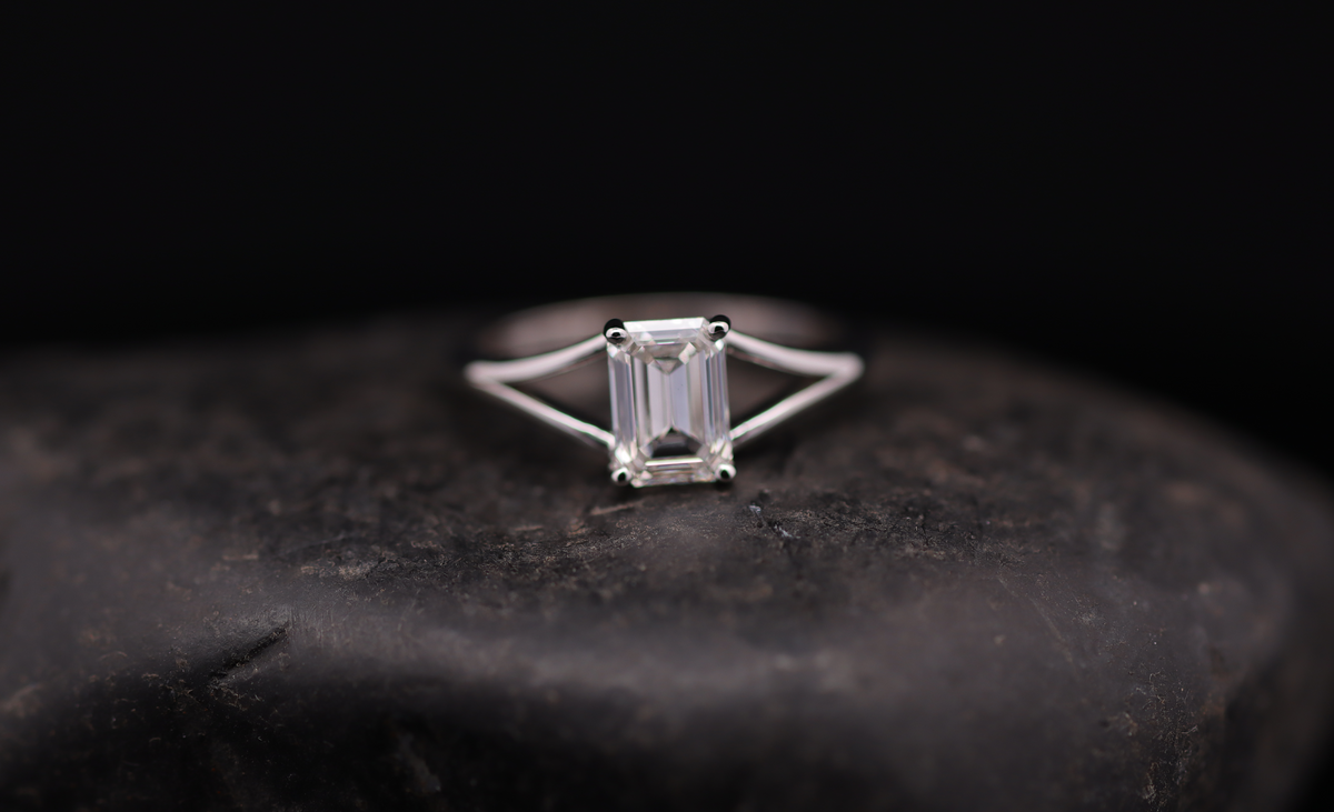 Emerald-Cut Diamond Split Shank Solitaire Ring in White Gold
