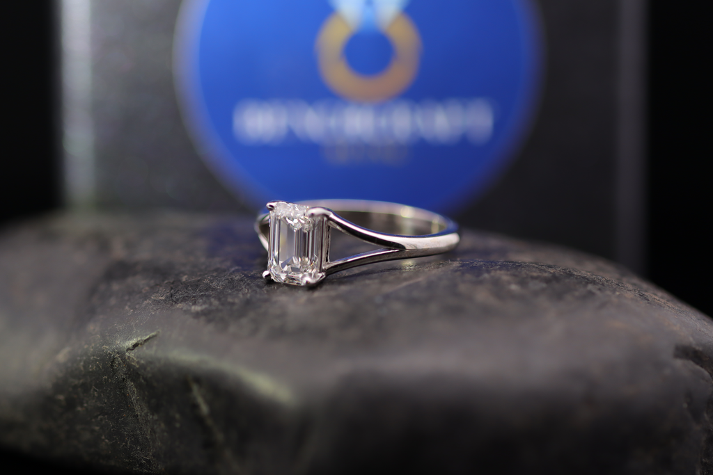Emerald-Cut Diamond Split Shank Solitaire Ring in White Gold