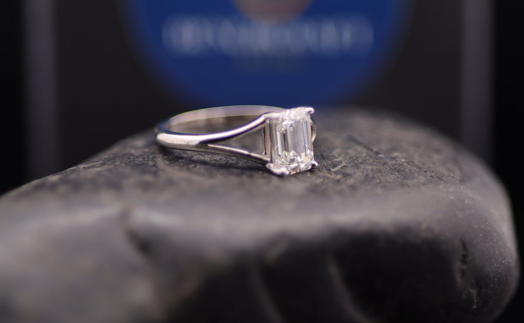 Emerald-Cut Diamond Split Shank Solitaire Ring in White Gold