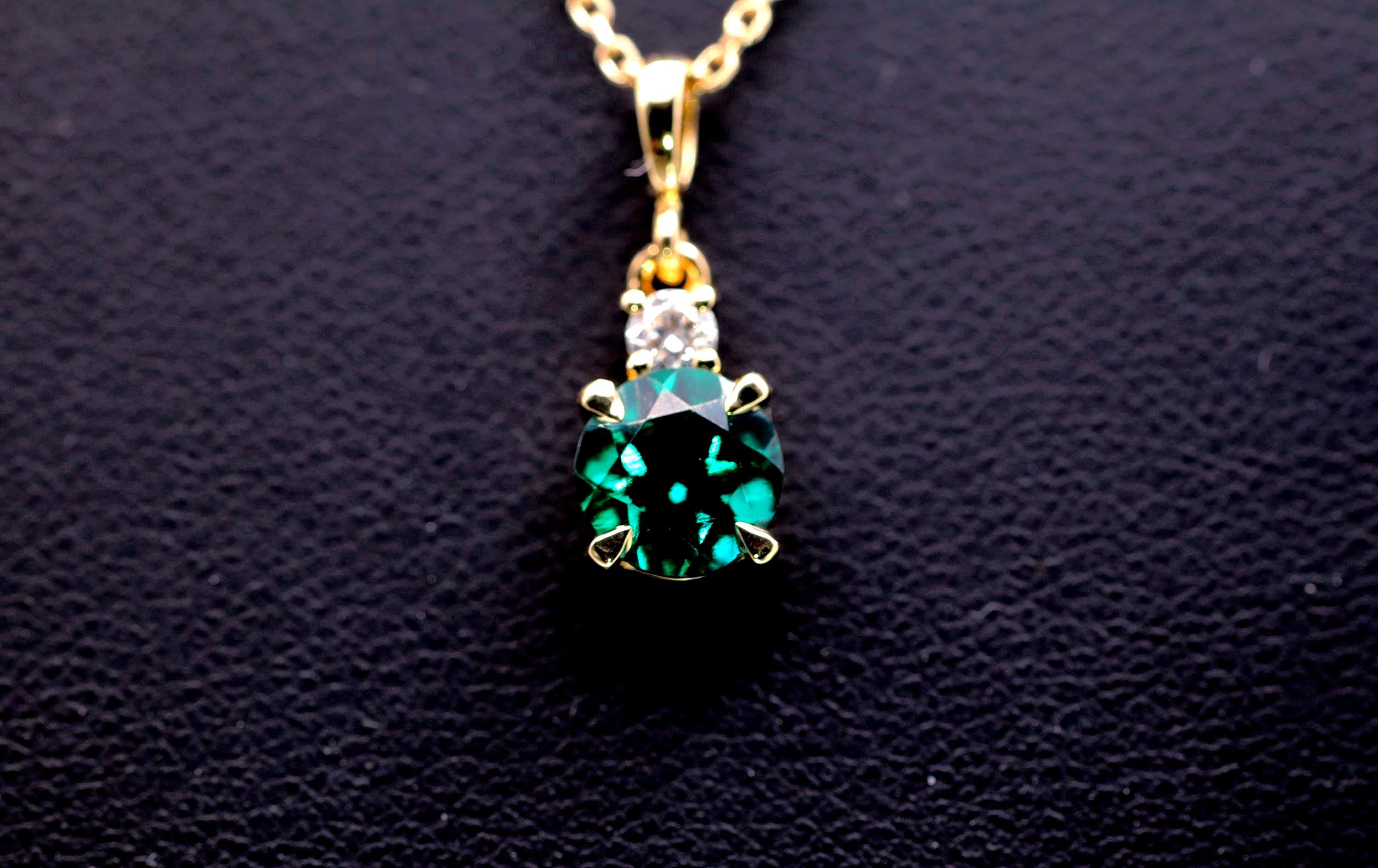 Lab Created Emerald & Natural Diamond Pendant, 14K Gold with Cable Chain