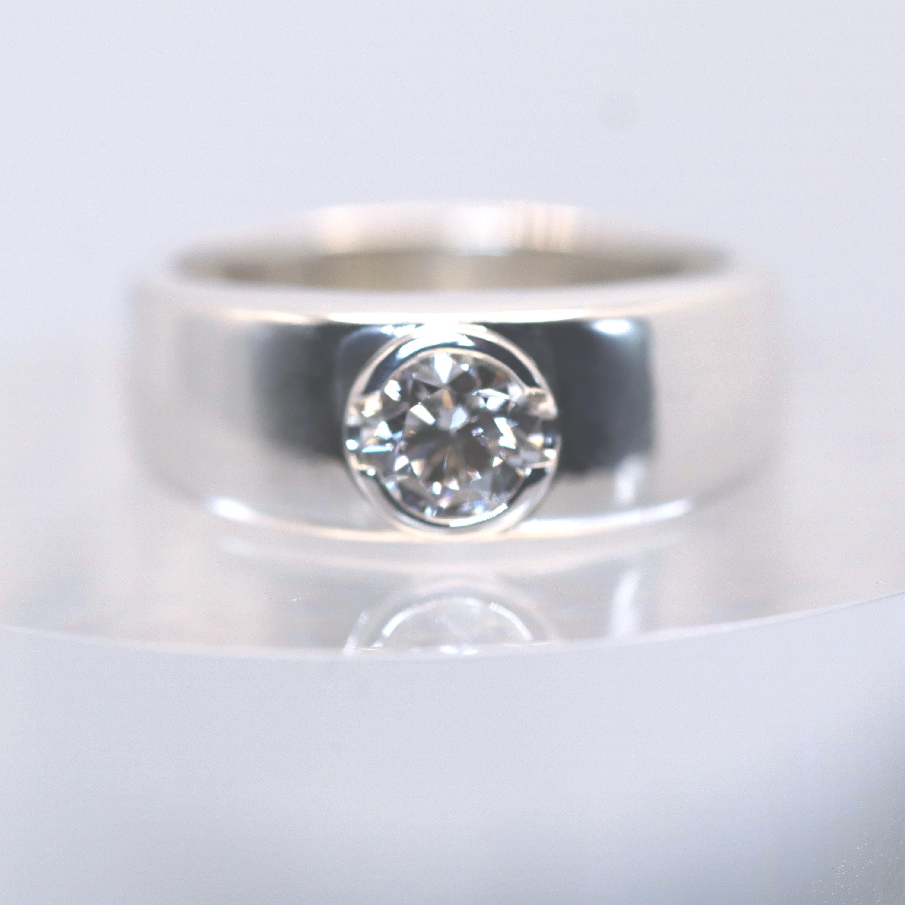Certified Round Lab Diamond Solitaire Ring, Sterling Silver Bezel Setting, Wide Band
