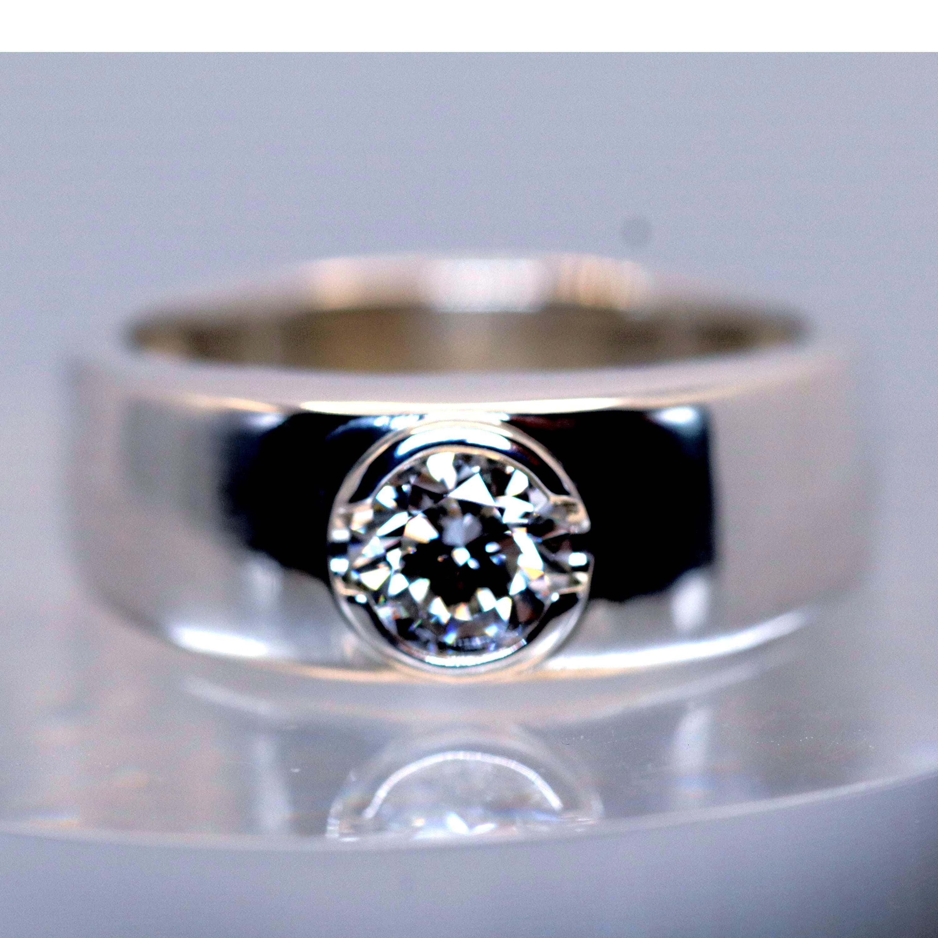 Certified Round Lab Diamond Solitaire Ring, Sterling Silver Bezel Setting, Wide Band