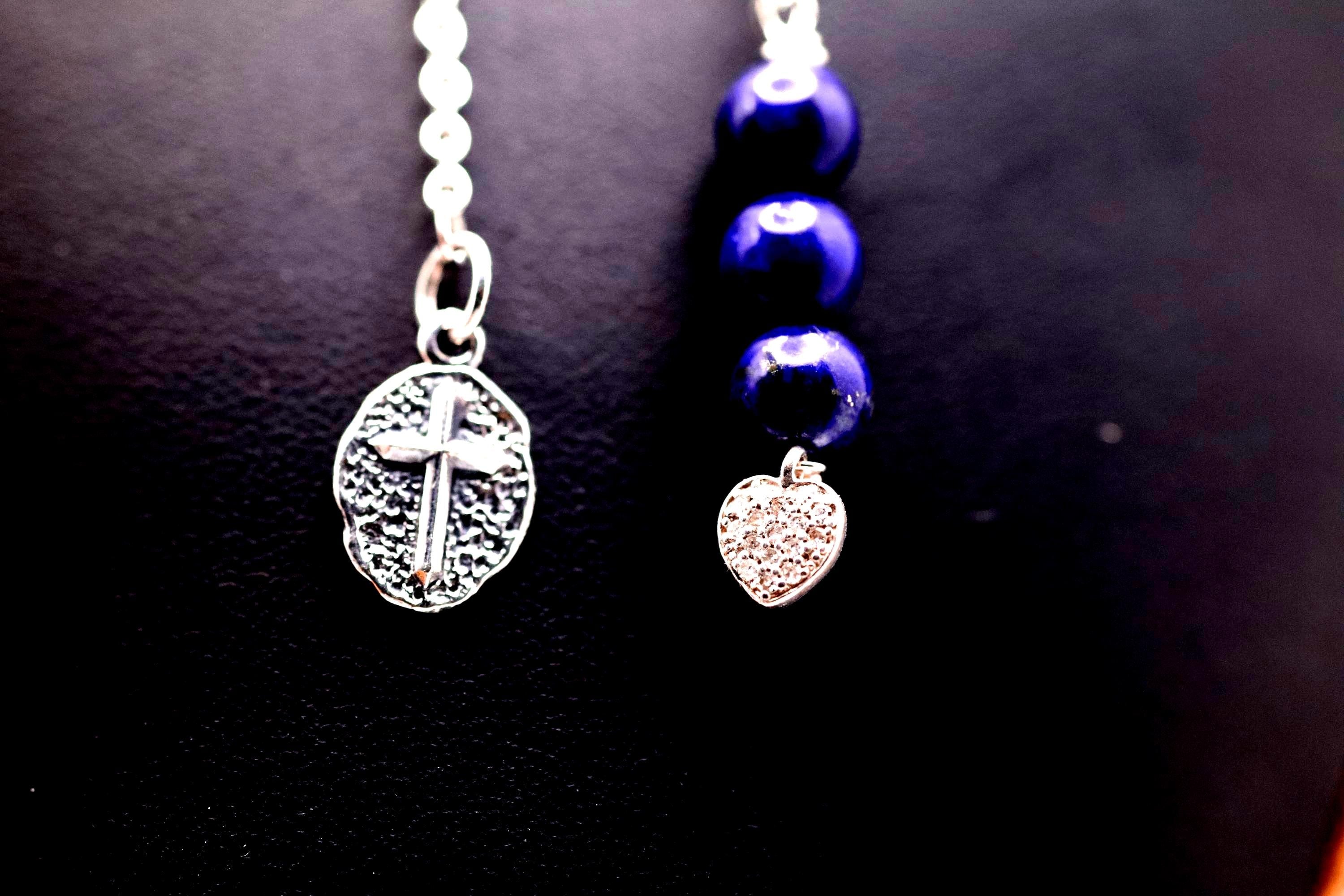 Sterling Silver Bible Bookmark with Lapis Beads, Cross, and Diamond Heart Charm