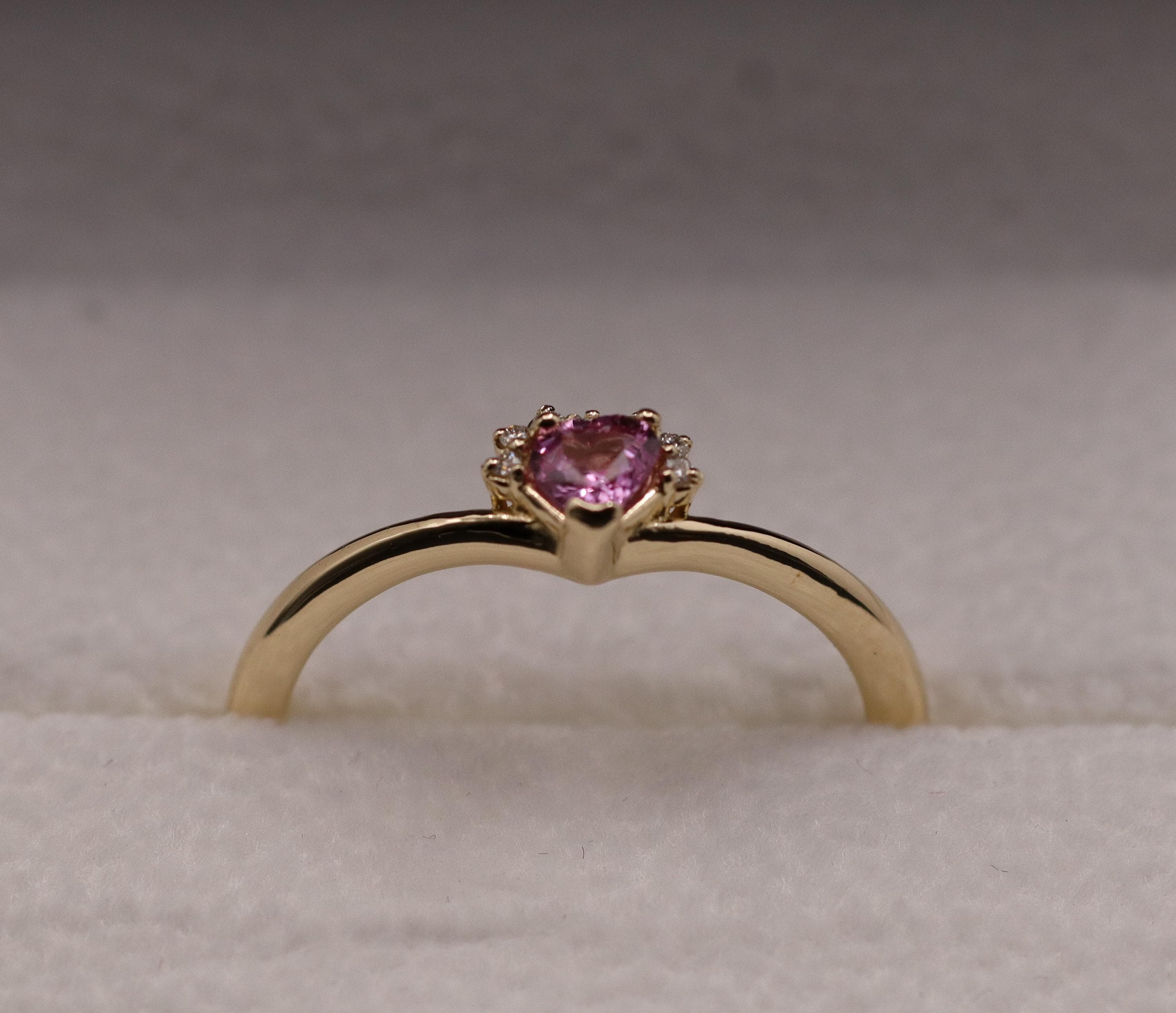 Pink Heart Sapphire with Diamonds set in 14K. yellow Gold