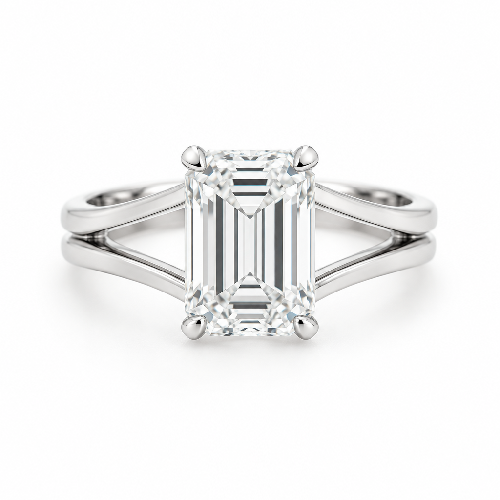 Emerald-cut diamond split shank solitaire ring in white gold