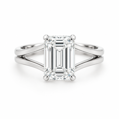 Emerald-cut diamond split shank solitaire ring in white gold