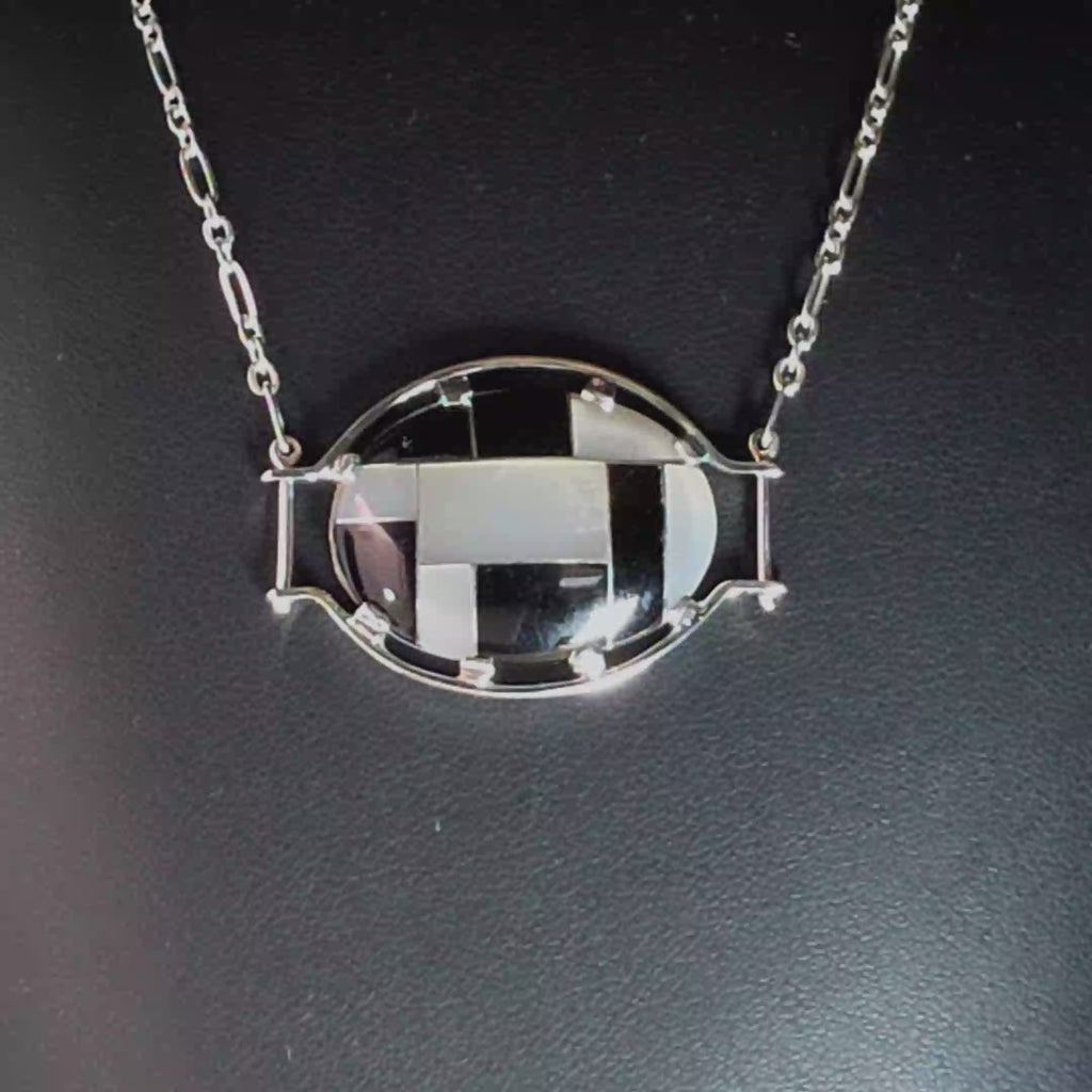 Silver Oval Necklace with Geometric Onyx Inlay